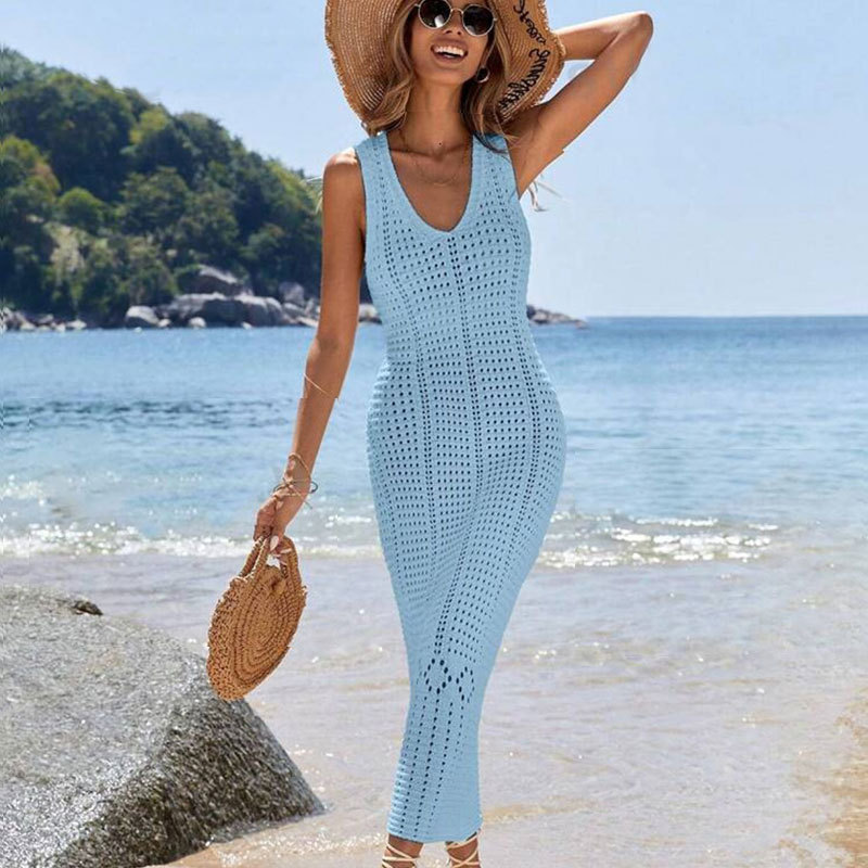 Elegant V-Neck Sleeveless Crochet Knit Maxi Dress
