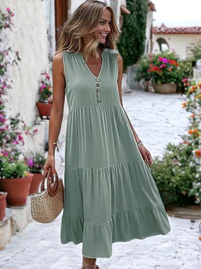 V-Neck Button Detailed Boho Midi Ruffle Dress For Women