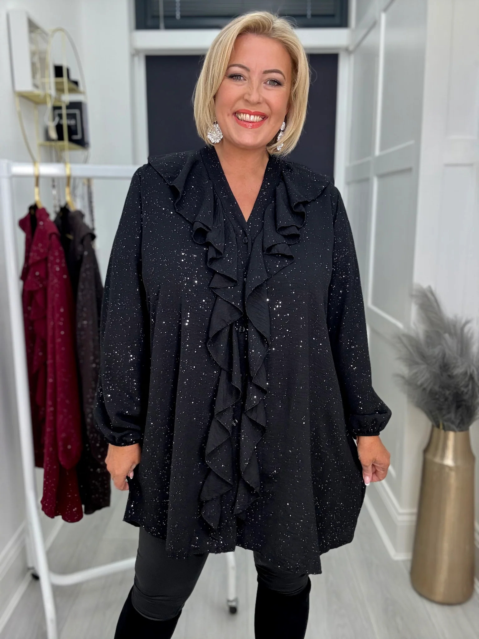 Elegant Sparkle Ruffle Trim V Neck Loose Blouse Top (Buy 2 Free Shipping)