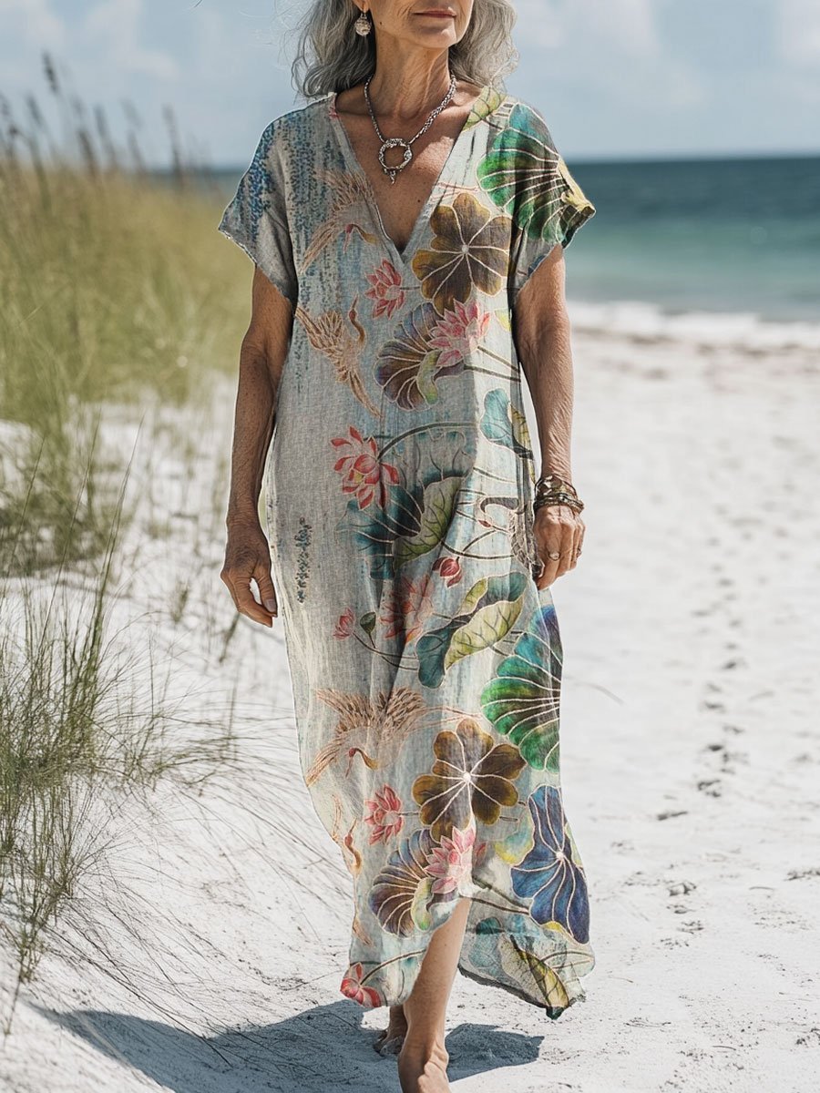 Vintage Floral Linen Kaftan Dress (Buy 2 Free Shipping)
