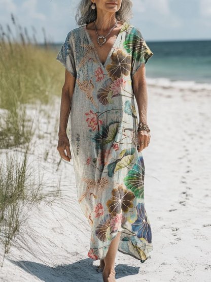 Vintage Floral Linen Kaftan Dress (Buy 2 Free Shipping)