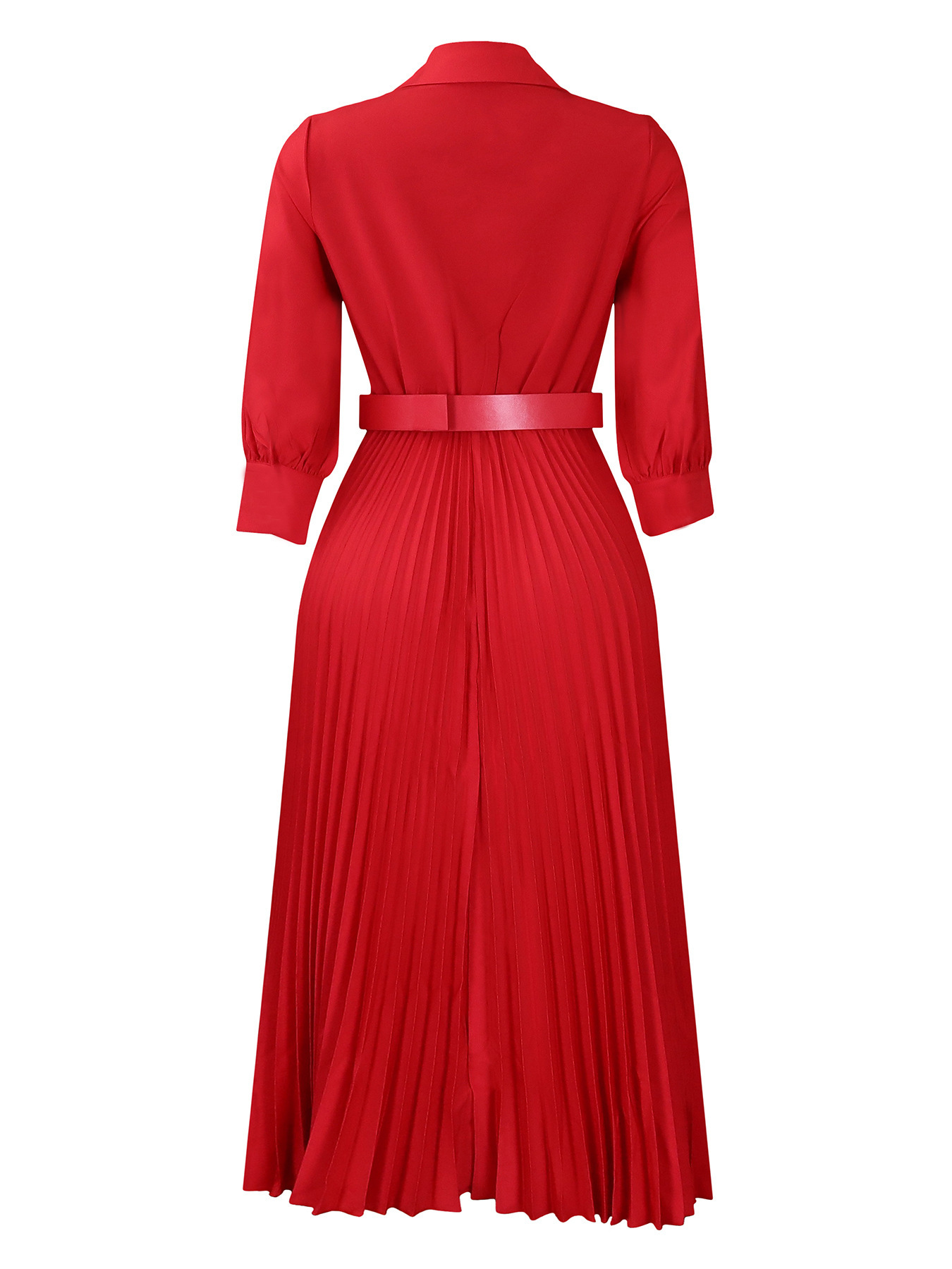 Chic V-Neck Belted Pleated Midi Dress with Puff Sleeves