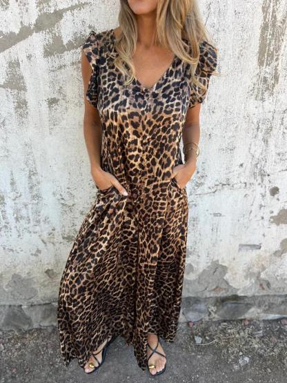 Leopard Print V-Neck Jumpsuit With Front Pockets (Buy 2 Free Shipping)