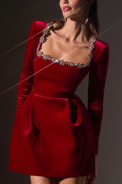 Velvet Jewel Embellished Trim Long Sleeve Pocketed Mini Dress (Buy 2 Free Shipping)
