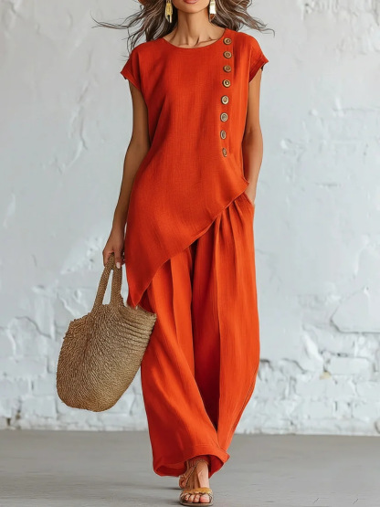 Elegant Asymmetric Button Detail Two-Piece Set (Buy 2 Free Shipping)