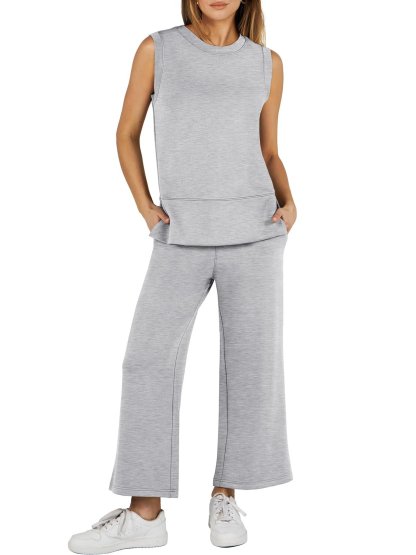 Last Day Promotion🔥Sleeveless Slit Hem Wide Leg Suit Casual Two Piece Set