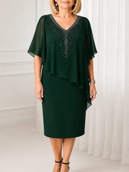 Elegant V-Neck Asymmetric Cape Midi Dress