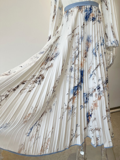 Pleated Chiffon V Neck Floral Long Sleeve Balloon Sleeve A-Line Maxi Dress