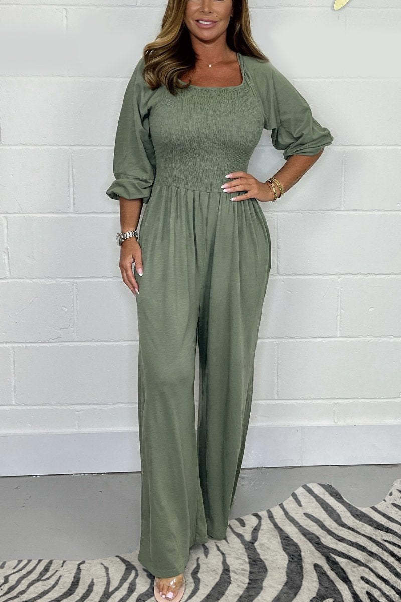 Elegant Smocked Bodice Wide Leg Jumpsuit (Buy 2 Free Shipping)