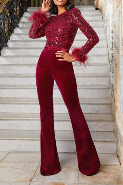 Ready for Vegas Feather Detail Trim Sequin Jumpsuit (Free Shipping)