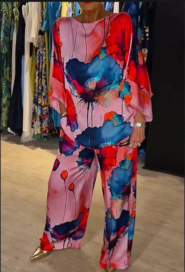 Watercolor Floral Wide-Leg Two-Piece Set (Buy 2 Free Shipping)
