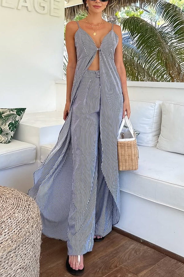 Striped Print Sleeveless Long Top and Loose Straight Pants Set (Buy 2 Free Shipping)