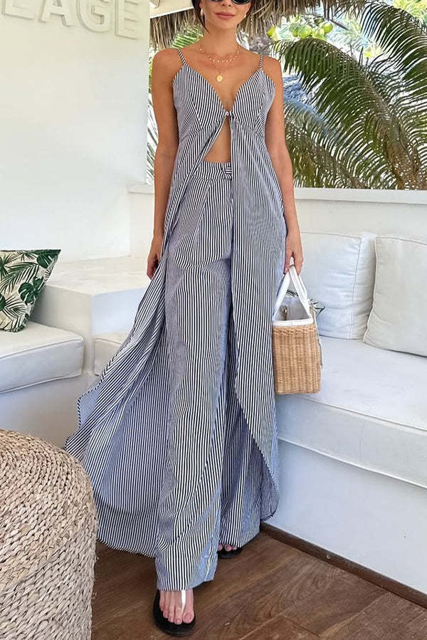 Striped Print Sleeveless Long Top and Loose Straight Pants Set (Buy 2
