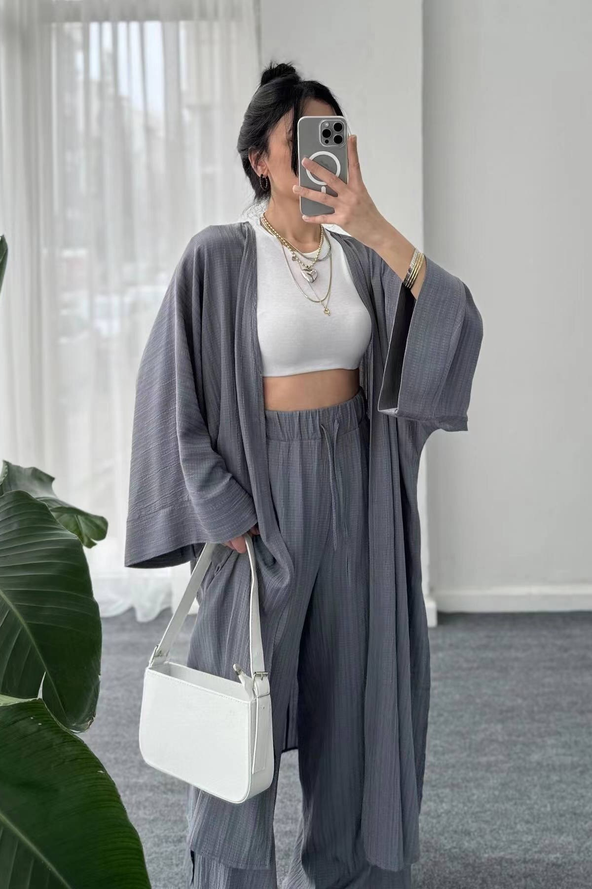 Flowy Textured Kimono Top and Wide Leg Pants Two Piece Set (Buy 2 Free Shipping)