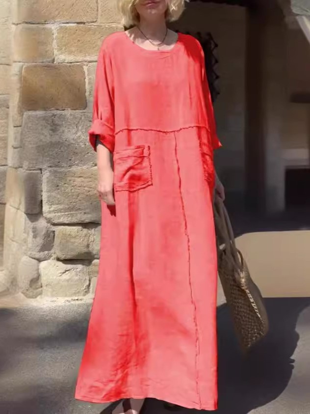 Relaxed Patch-Pocket Cotton-Line Maxi Dress (Buy 2 Free Shipping)