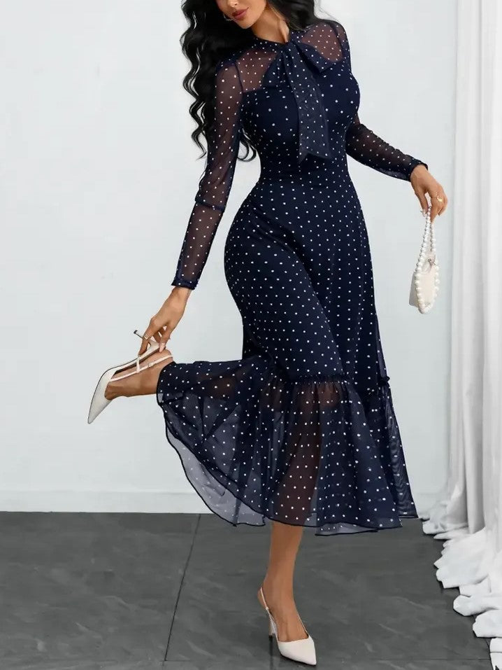 Elegant Polka Dot Bow Neck Mesh Dress (Buy 2 Free Shipping)