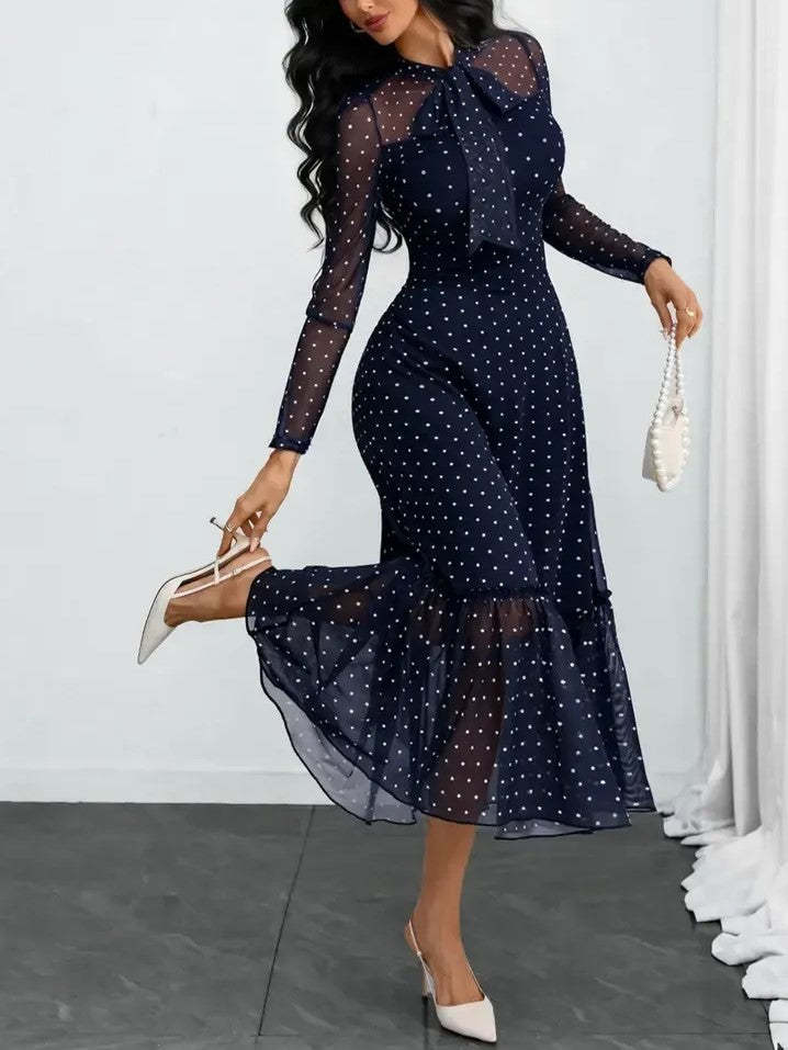 Elegant Polka Dot Bow Neck Mesh Dress (Buy 2 Free Shipping)