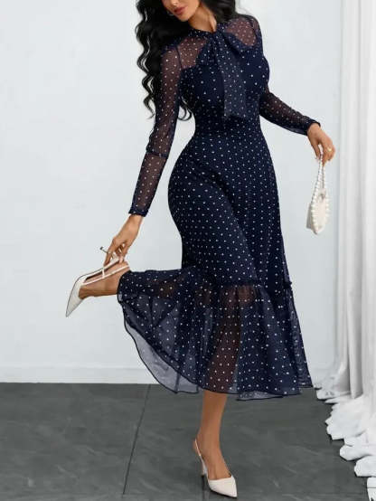 Elegant Polka Dot Bow Neck Mesh Dress (Buy 2 Free Shipping)