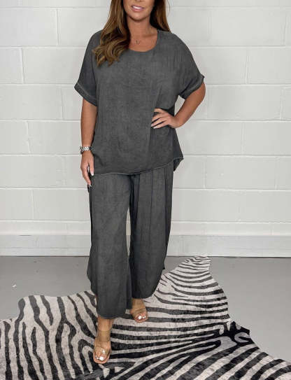 Relaxed Fit Casual Top & Wide Leg Pants Two Piece Set (Buy 2 Free Shipping)