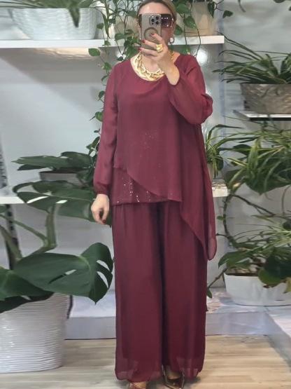 Elegant Layered Foil-Accent Wide-Leg Two-Piece Set