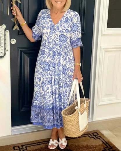 Vintage Floral Print V-Neck Midi Dress (Buy 2 Free Shipping)