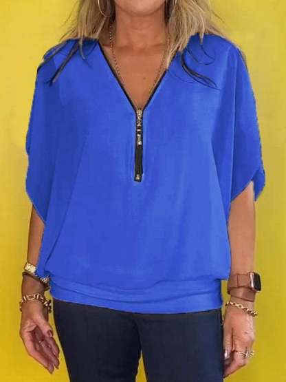 Last Day Promotion🔥Chiffon Half-zip Short-sleeved Casual Top(BUY 2 FREE SHIPPING)