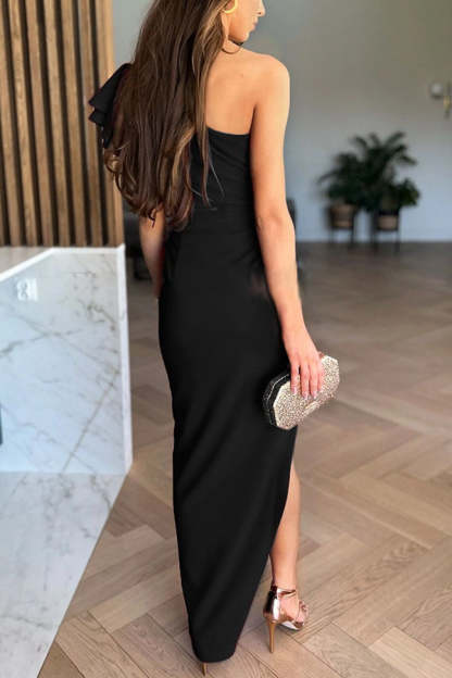 One Shoulder Tiered Ruffle Sleeve Twist Asymmetrical Slit Gown Maxi Dress