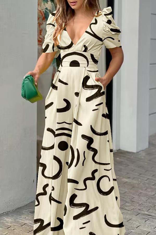 Printed Puff Sleeve Pocketed Wide Leg Jumpsuit (Buy 2 Free Shipping)