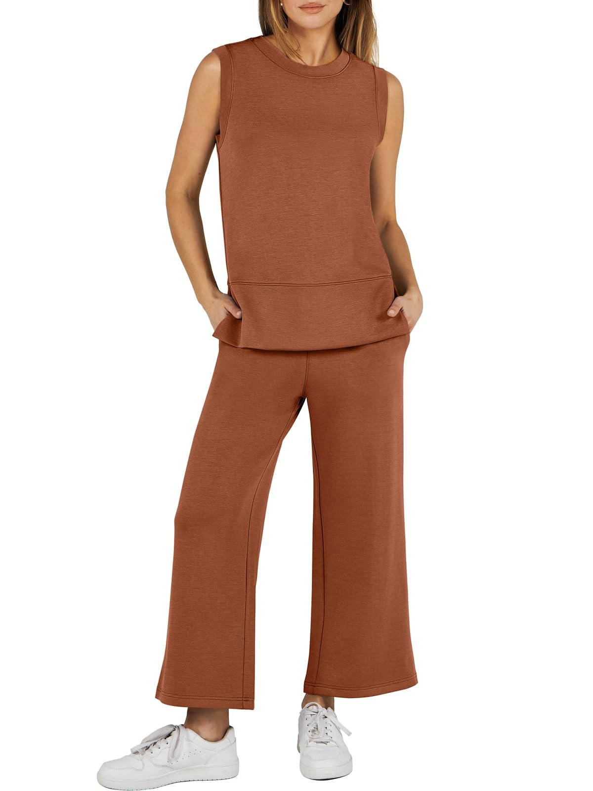 Last Day Promotion🔥Sleeveless Slit Hem Wide Leg Suit Casual Two Piece Set