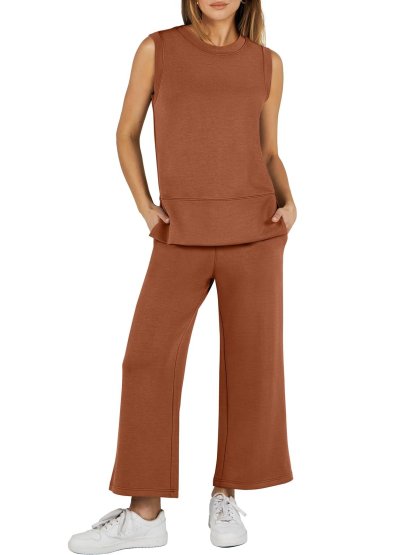 Last Day Promotion🔥Sleeveless Slit Hem Wide Leg Suit Casual Two Piece Set