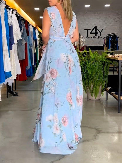 Elegant Floral V-Neck Sleeveless Maxi Dress with Belt (Buy 2 Free Shipping)
