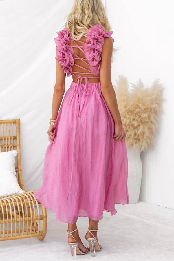 Floral Ruffle Detail Back Lace-up Elastic Waist Maxi Dress