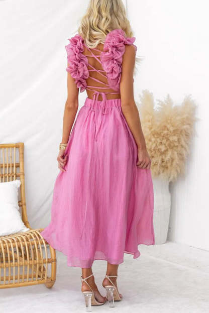 Floral Ruffle Detail Back Lace-up Elastic Waist Maxi Dress