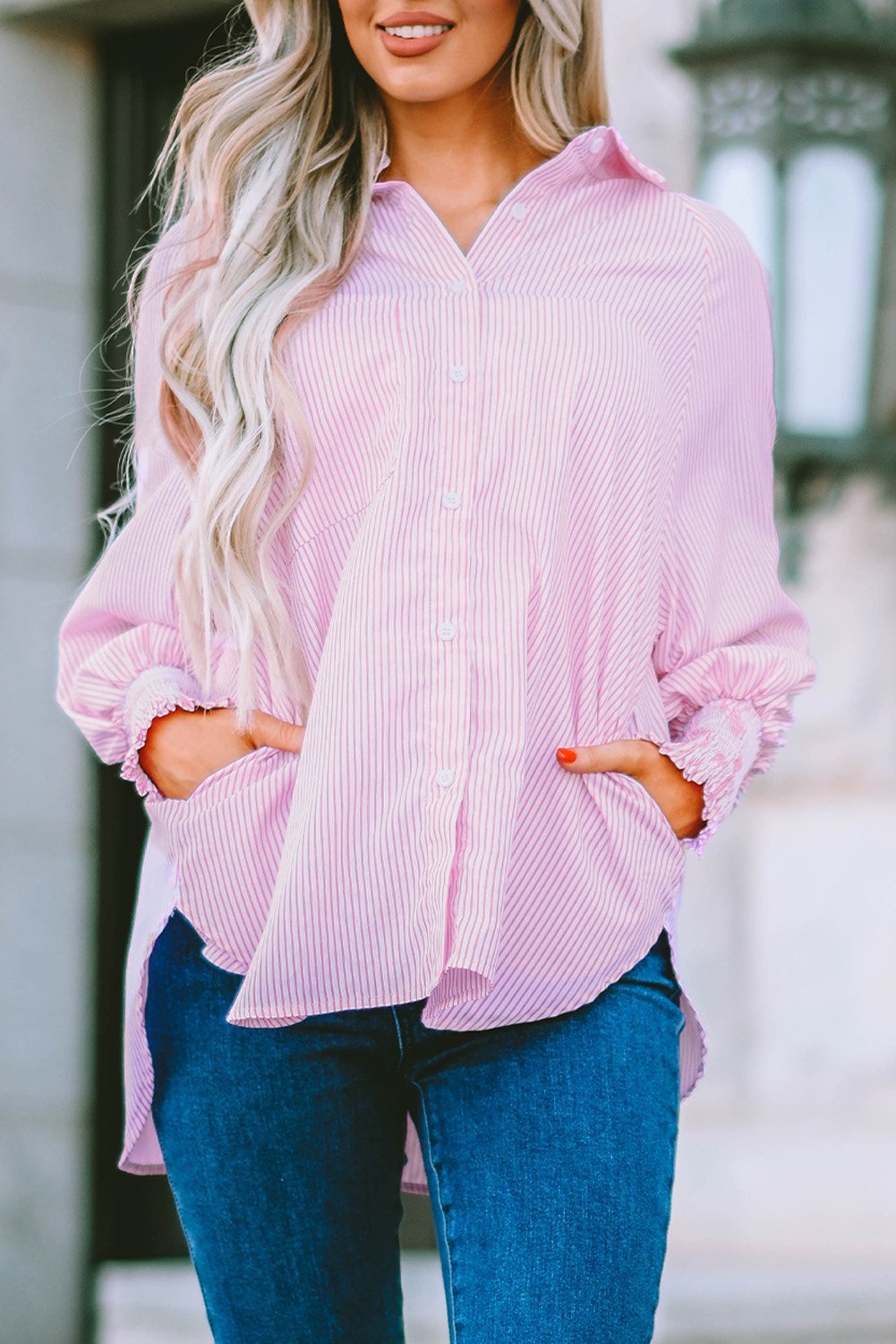 🎁Last Day Sale 50% OFF🏆️Mid-length smocked shirt with striped lapel and oversized drawdown sleeves