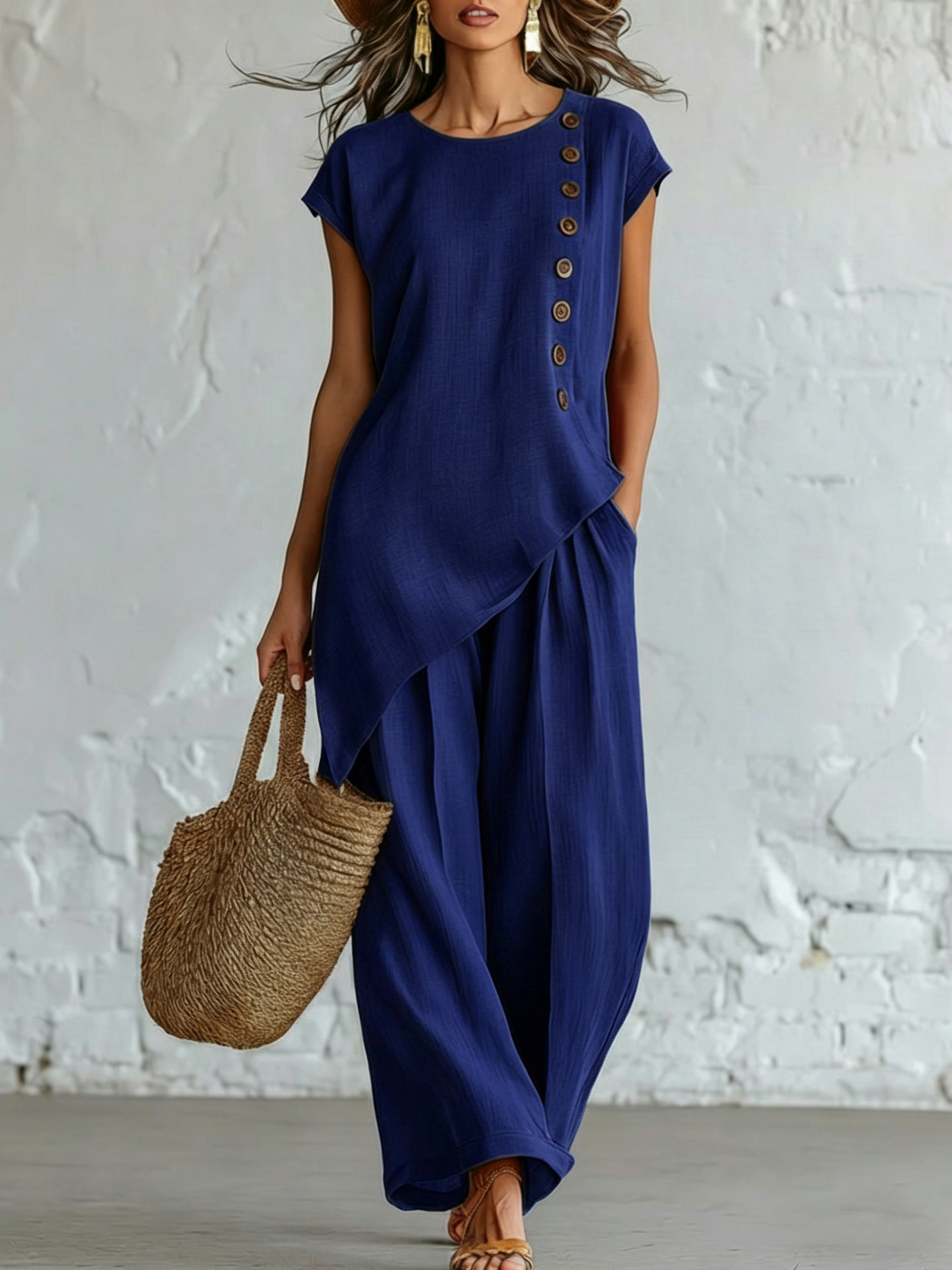 Elegant Asymmetric Button Detail Two-Piece Set (Buy 2 Free Shipping)