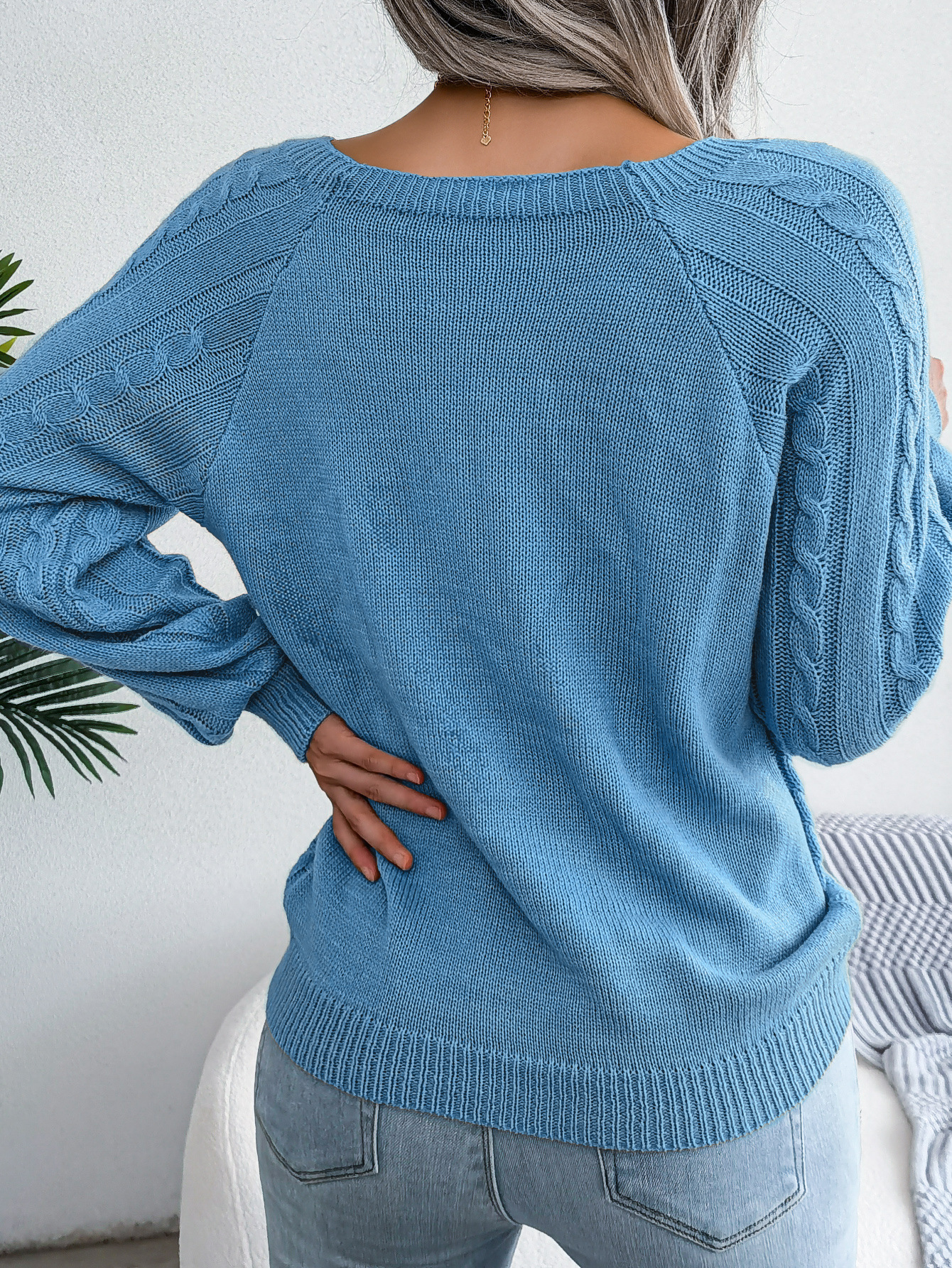 Textured Cable Knit Button Detail Relaxed Fit Sweater