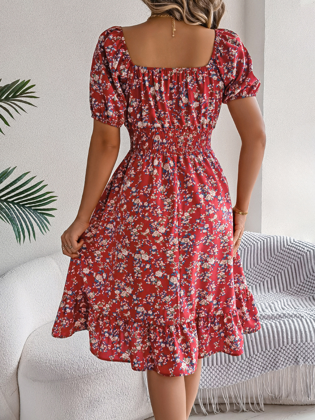 Elegant Floral Square Neck Smocked Waist Midi Dress