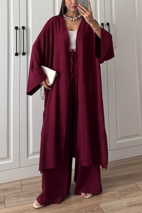 Flowy Textured Kimono Top and Wide Leg Pants Two Piece Set (Buy 2 Free Shipping)