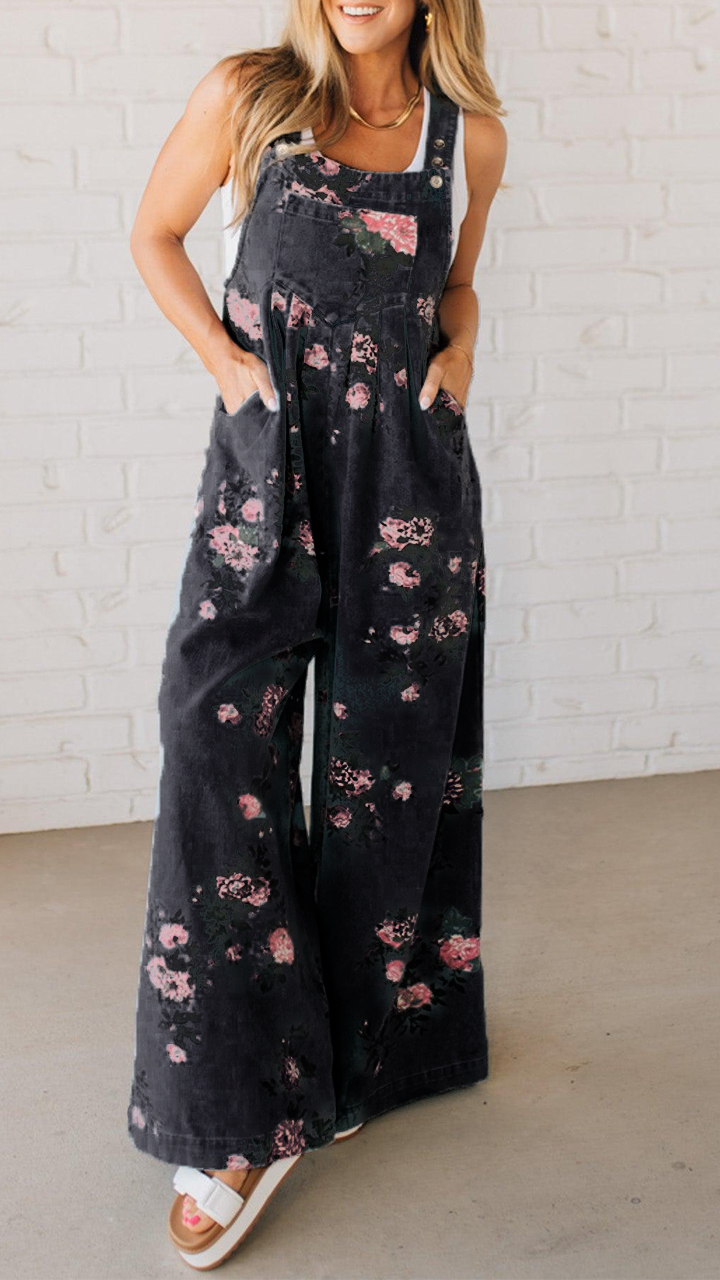 Floral Denim Overalls with Wide-Leg Fit