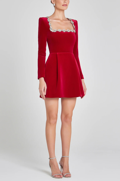 Velvet Jewel Embellished Trim Long Sleeve Pocketed Mini Dress (Buy 2 Free Shipping)