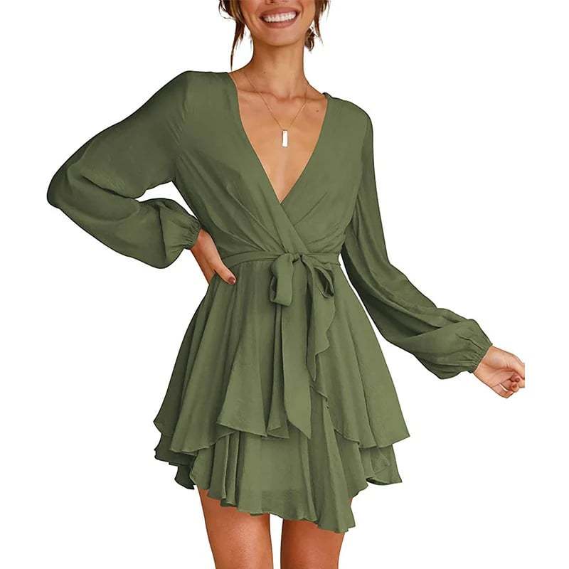 Last Day 49% OFF🔥V-Neck Waist Tie Ruffle Mini Swing Skater Dresses❤️Buy 2 Free Shipping