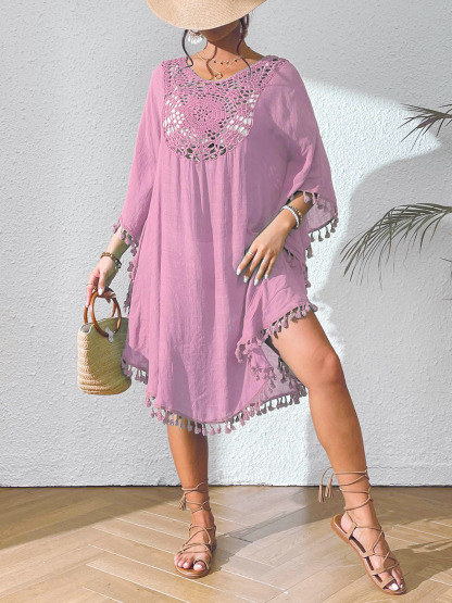 Boho Tassel Trim Crochet Yoke Loose Kaftan Dress