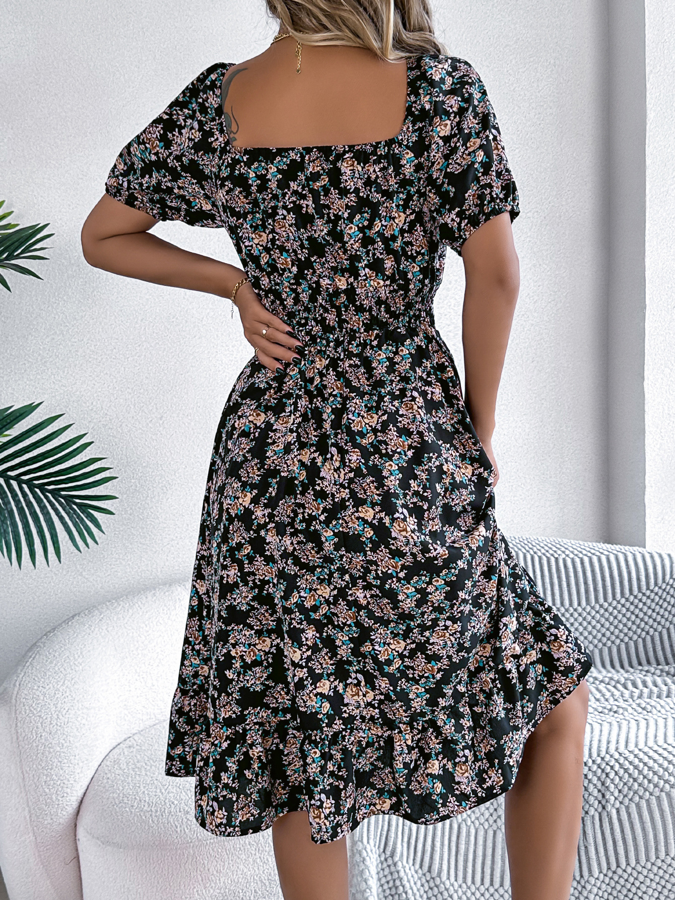 Elegant Floral Square Neck Smocked Waist Midi Dress