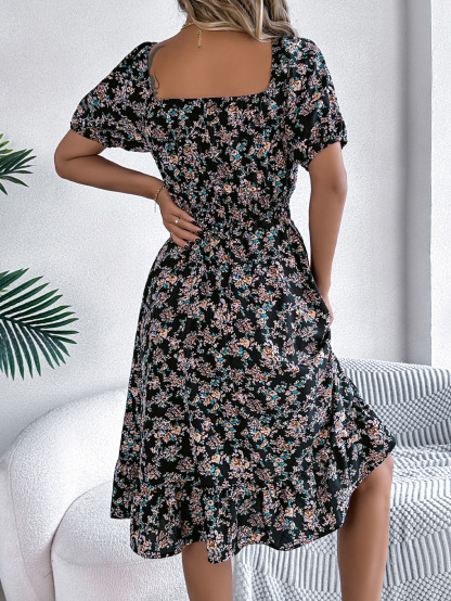 Elegant Floral Square Neck Smocked Waist Midi Dress