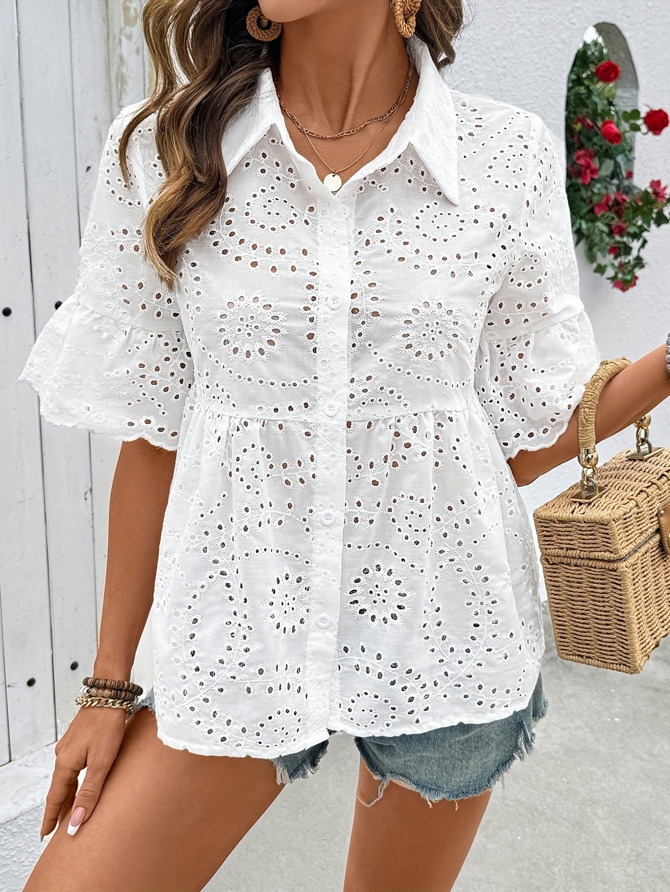 Eyelet Embroidered Ruffle Sleeve Shirt Blouse