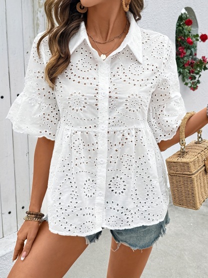 Eyelet Embroidered Ruffle Sleeve Shirt Blouse