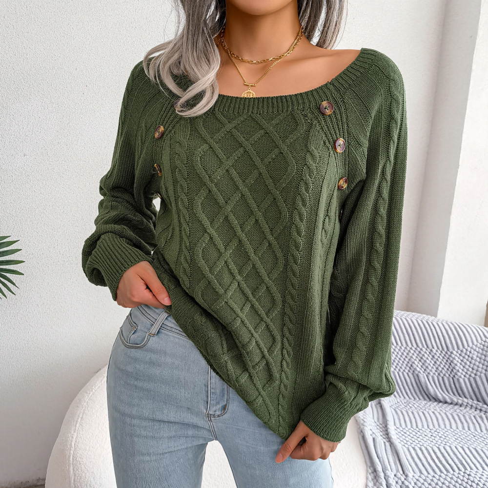 Textured Cable Knit Button Detail Relaxed Fit Sweater