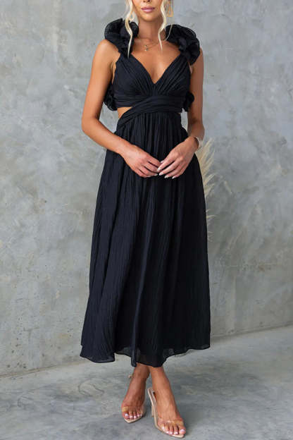 Floral Ruffle Detail Back Lace-up Elastic Waist Maxi Dress