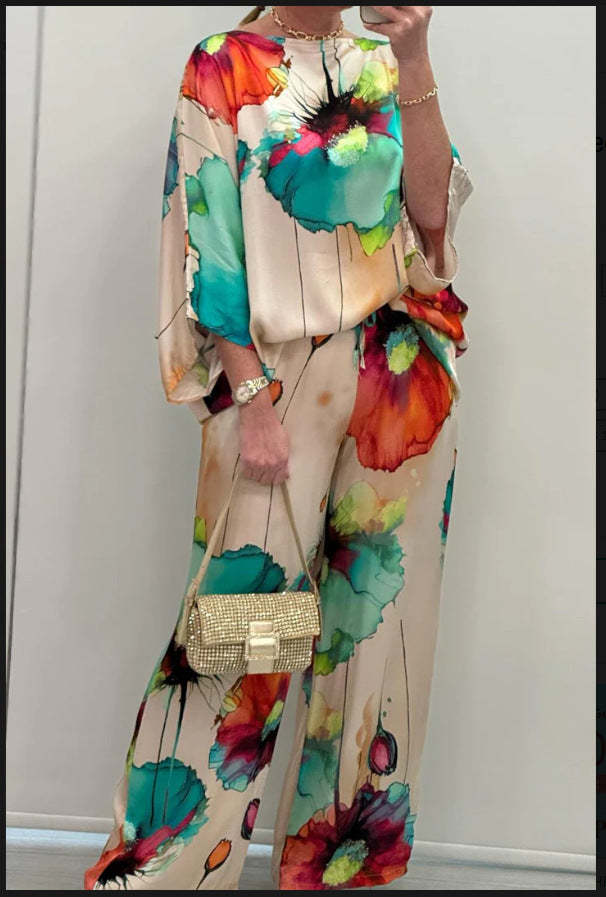 Watercolor Floral Wide-Leg Two-Piece Set (Buy 2 Free Shipping)