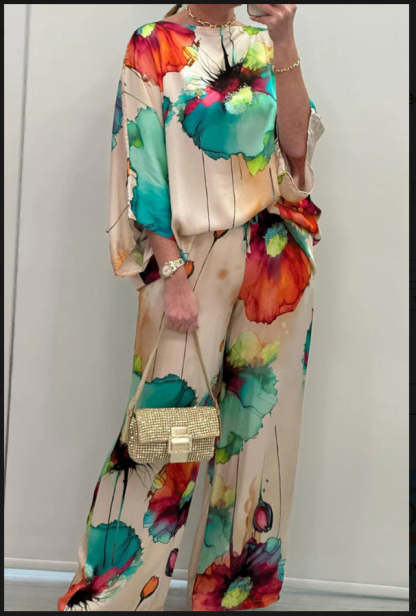 Watercolor Floral Wide-Leg Two-Piece Set (Buy 2 Free Shipping)